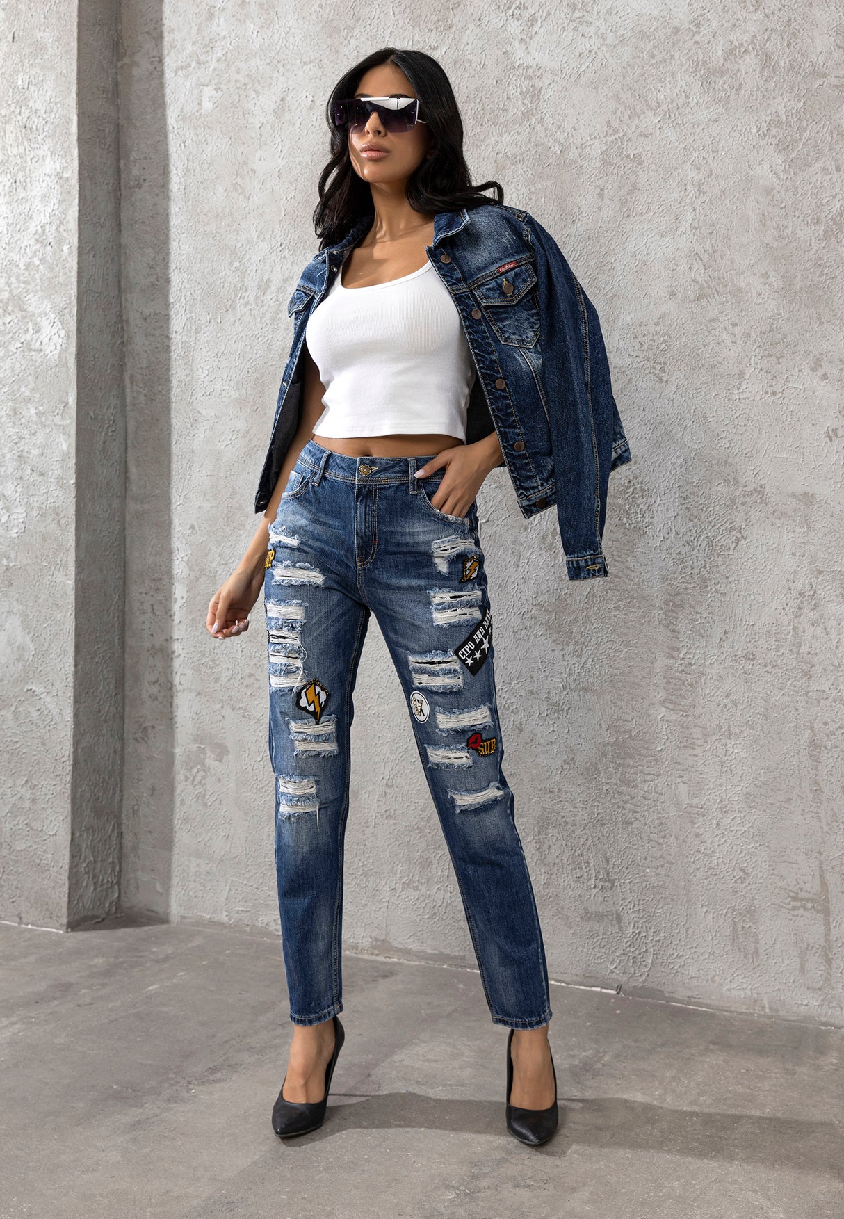 WD298 Donne jeans comodi con nastri alla moda