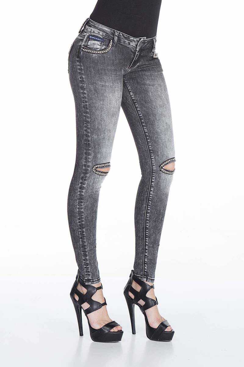 WD307 Mujeres jeans delgados en un aspecto usado de moda