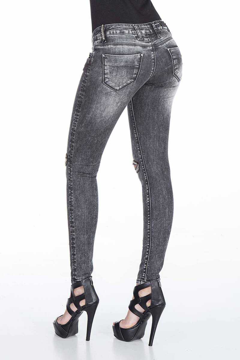 WD307 Mujeres jeans delgados en un aspecto usado de moda