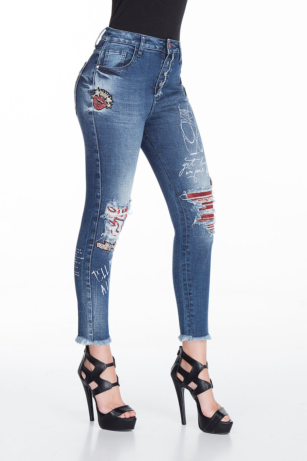 WD319 Slim-Fit Dames Jeans met coole Pailletten-Details