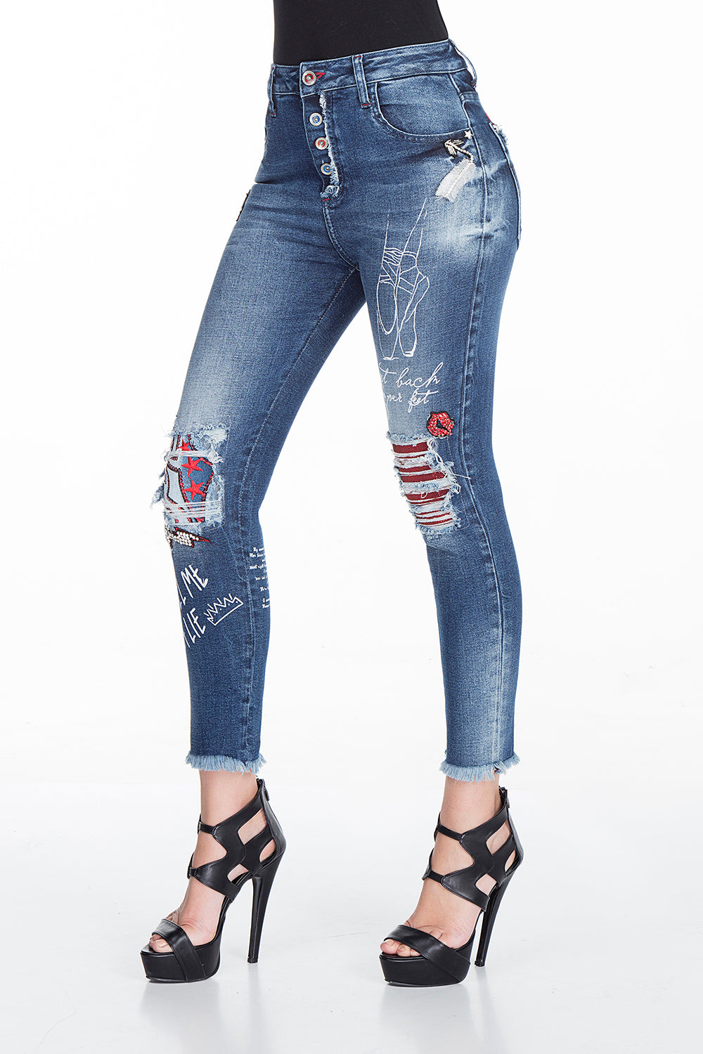 WD319 Women Slim-Fit Jeans con detalles de lentejuelas frías