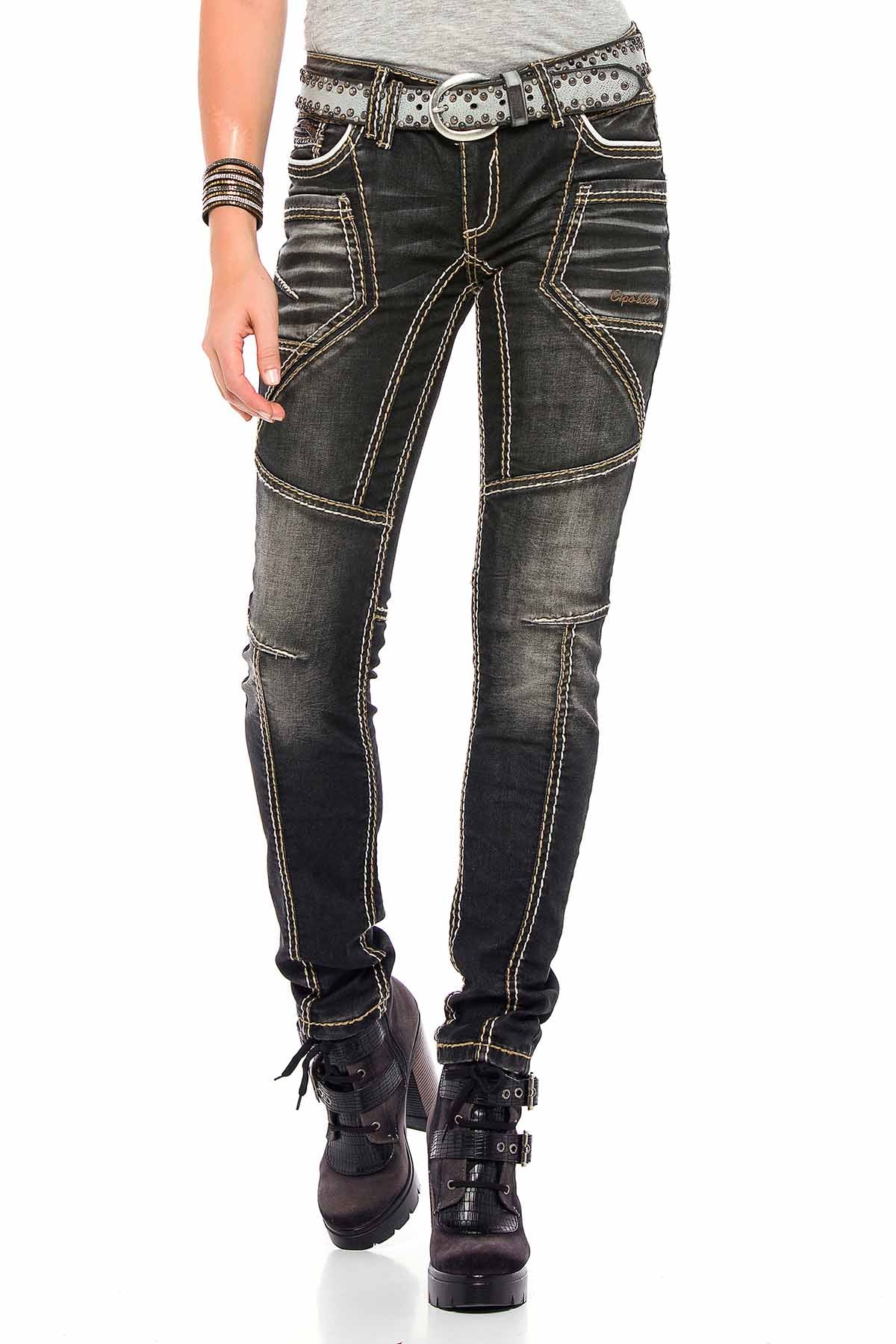 WD382 Jeans Slim-Fit para mujer con costuras decorativas