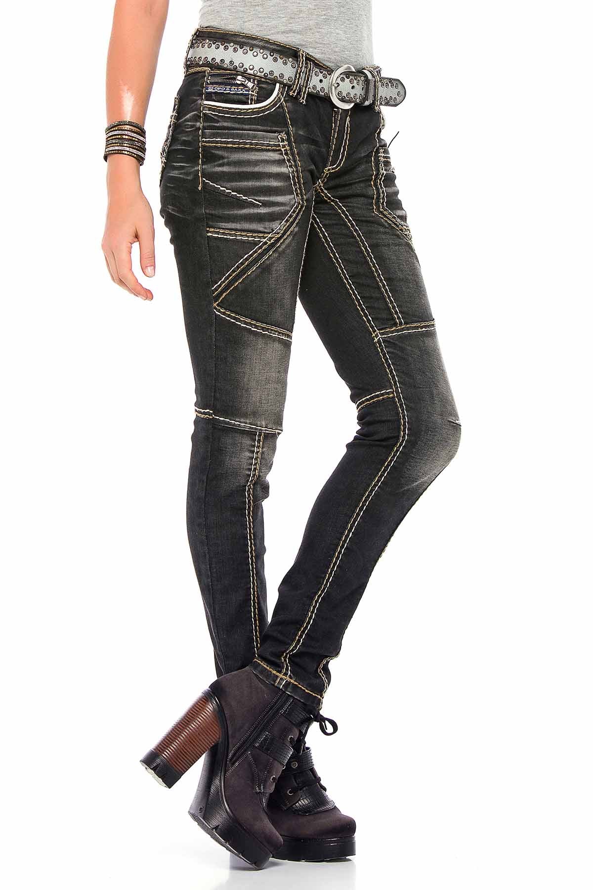 WD382 Femmes jeans minces avec conception de couture extravagante en ajustement droit