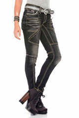 WD382 Slim-FIt Dames Jeans met extravagant Naaddesign in Straight Fit