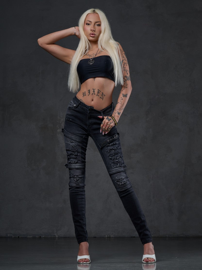 WD383 jeansy damskie w motocyklowym stylu