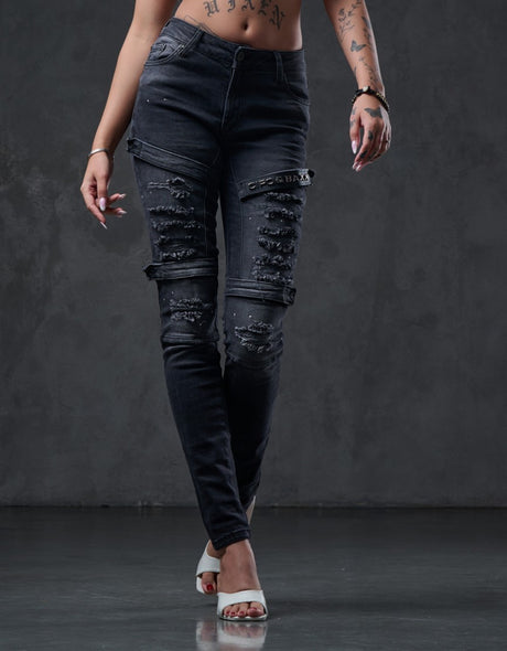 WD383 jeansy damskie w motocyklowym stylu