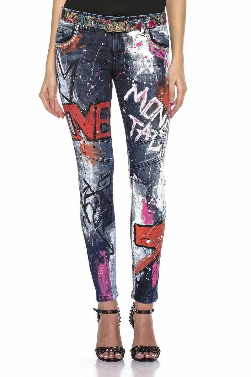 WD399 women's biker jeans with prints and color decorations