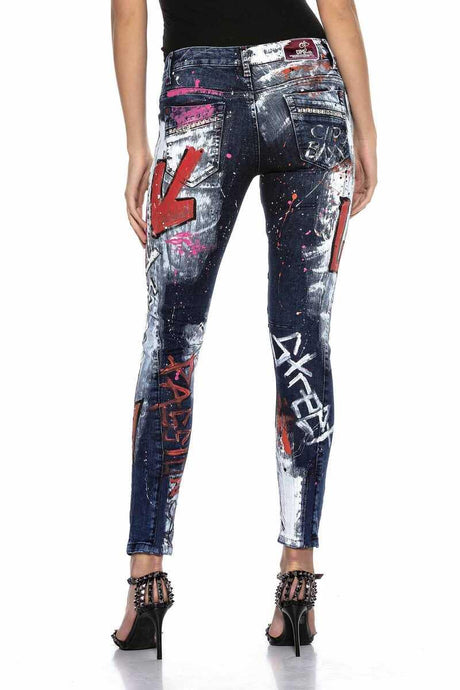 WD399 Damen Hose Bikerjeans mit Prints und Farbverzierungen