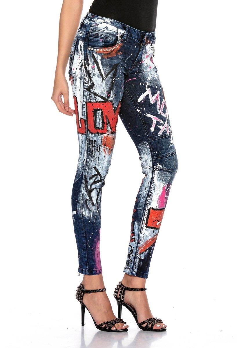 WD399 Pantalon femme Jeans biker avec imprimés et décorations colorées