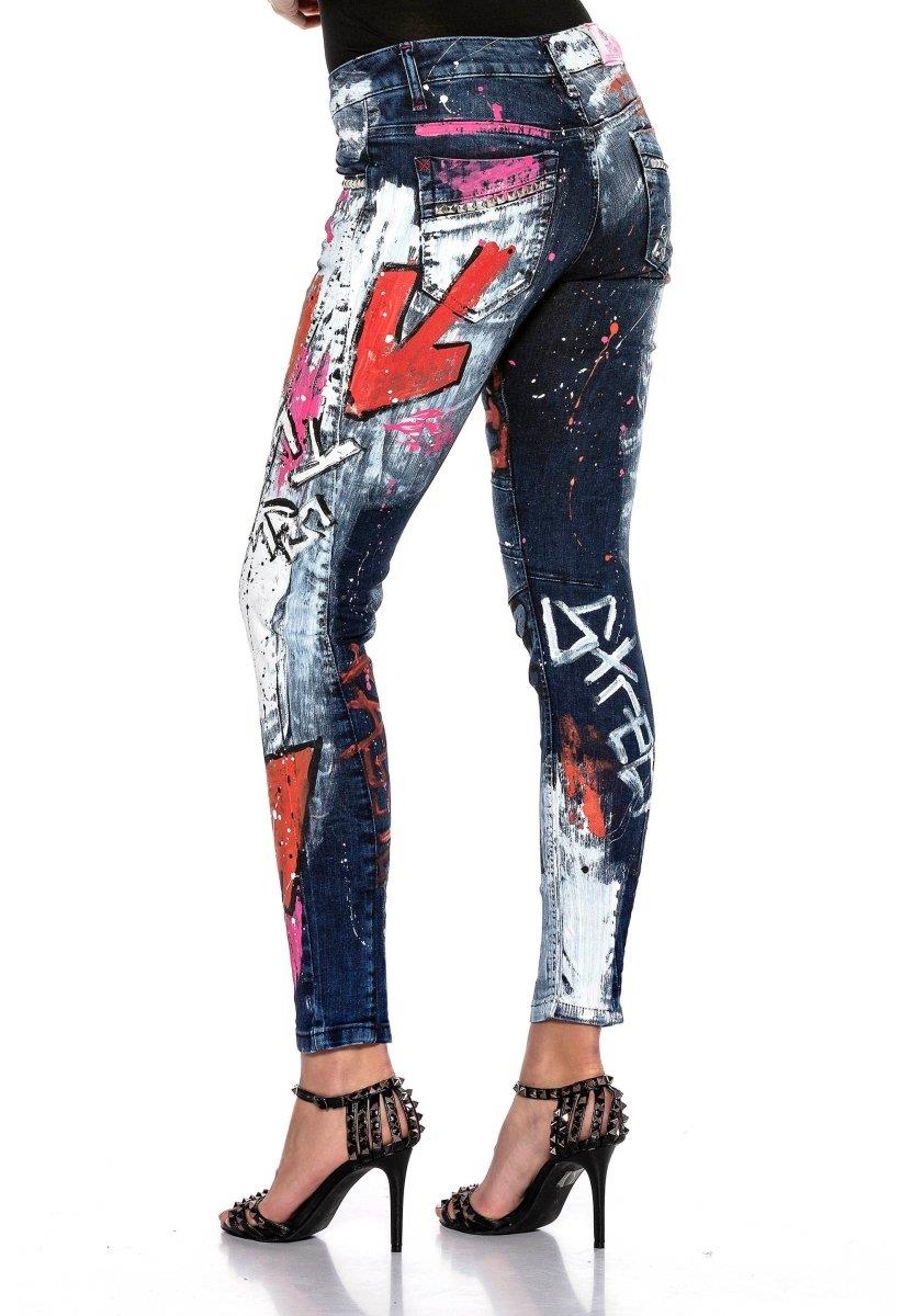 WD399 women's biker jeans with prints and color decorations