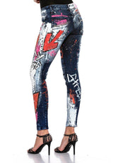 WD399 Pantalon femme Jeans biker avec imprimés et décorations colorées