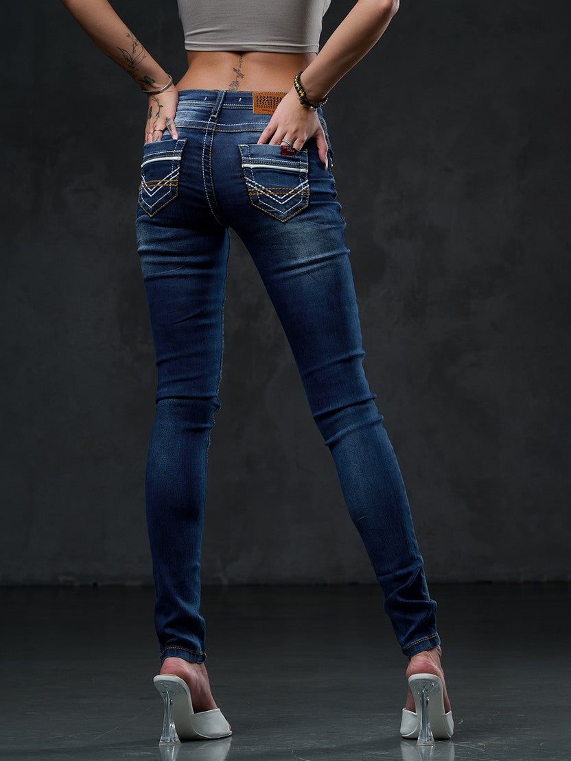 WD433 Women jeans slim-fit con cuciture color contrasto