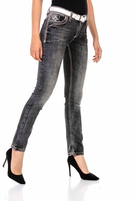 WD436 Damen Slim-Fit-Jeans mit auffälligen Stickereien