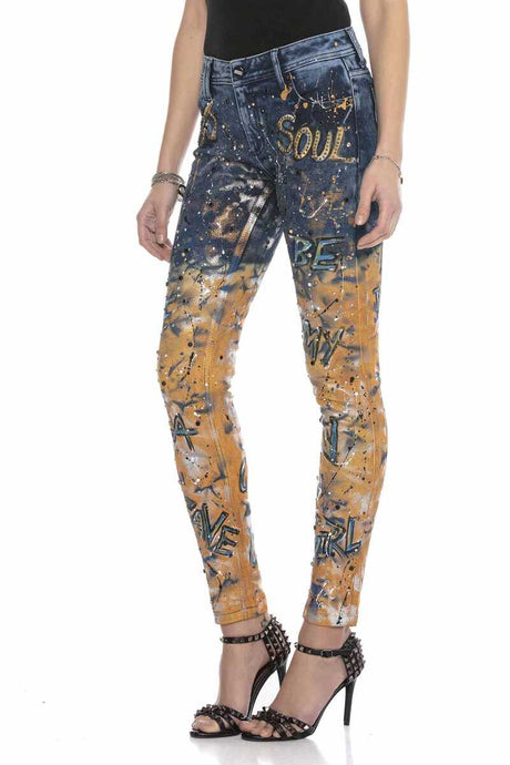 WD440 Damen Slim-Fit-Jeans in modischem Handpaint-Design