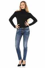 WD441 women slim-fit jeans with trendy contrast stitching