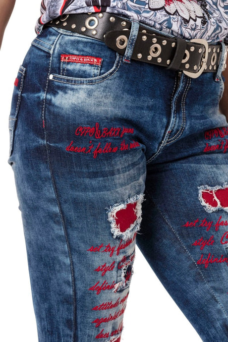 WD478 Femmes jeans Slim-Fit avec découpes colorées