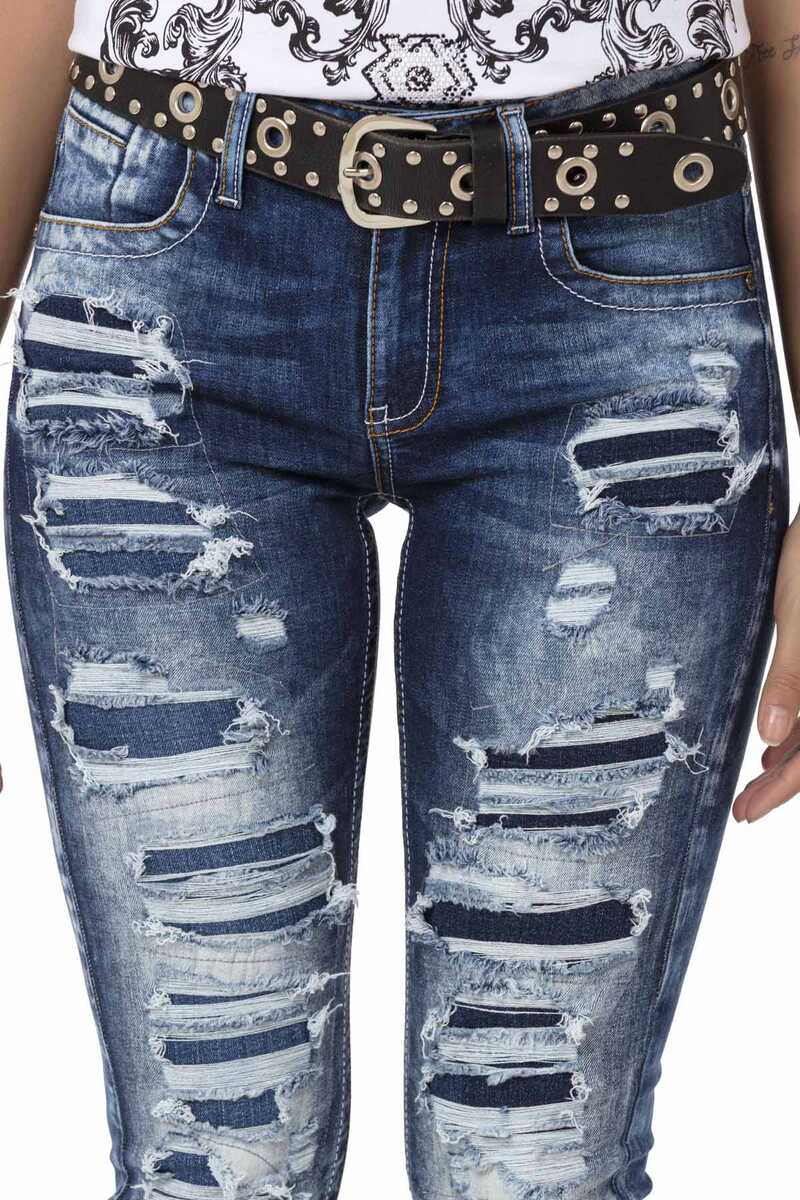 WD479 Mujeres Jeans delgados con elementos fríos destruidos