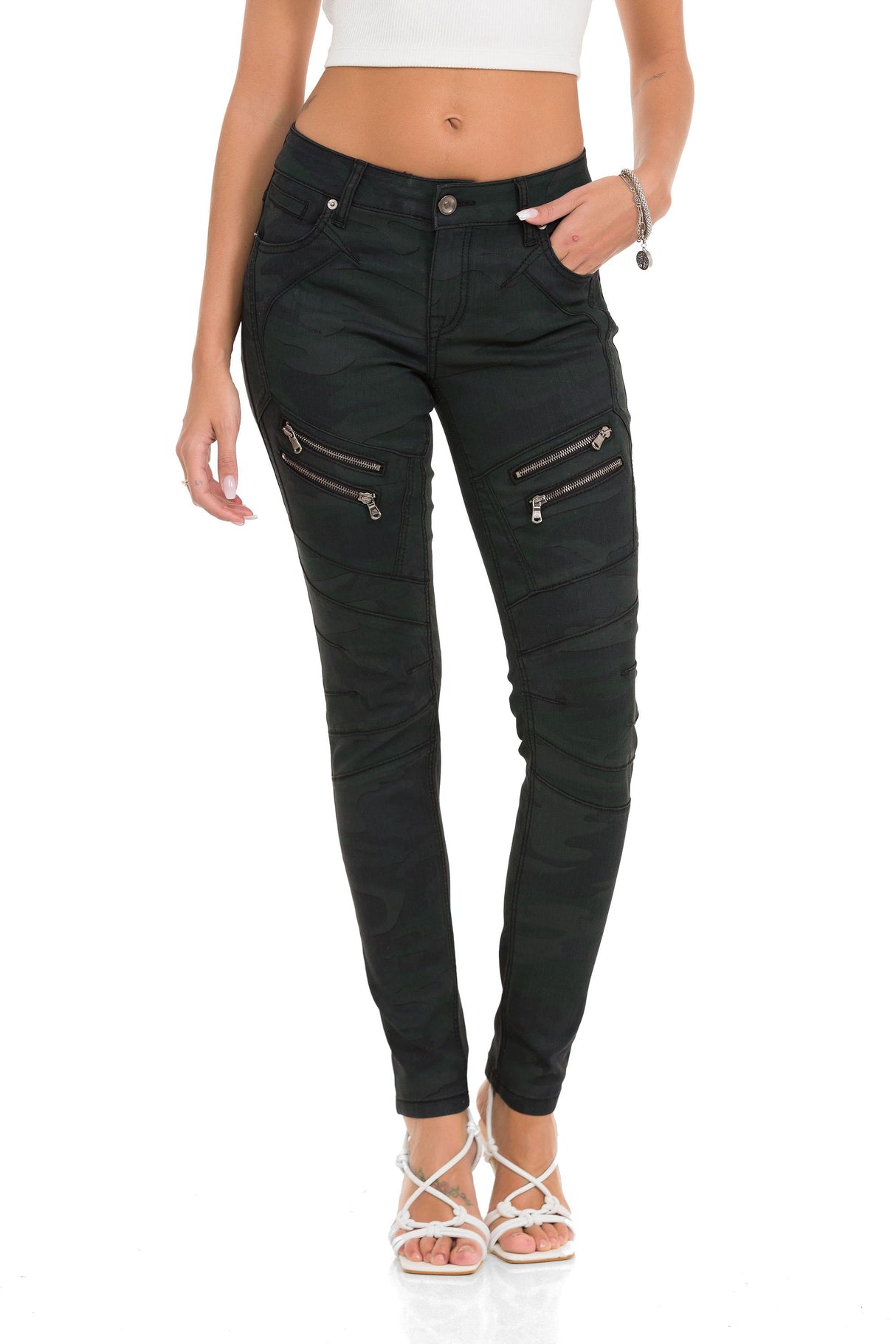 WD501 Jeans Slim-Fit para mujer con cremallera decorativa y logo