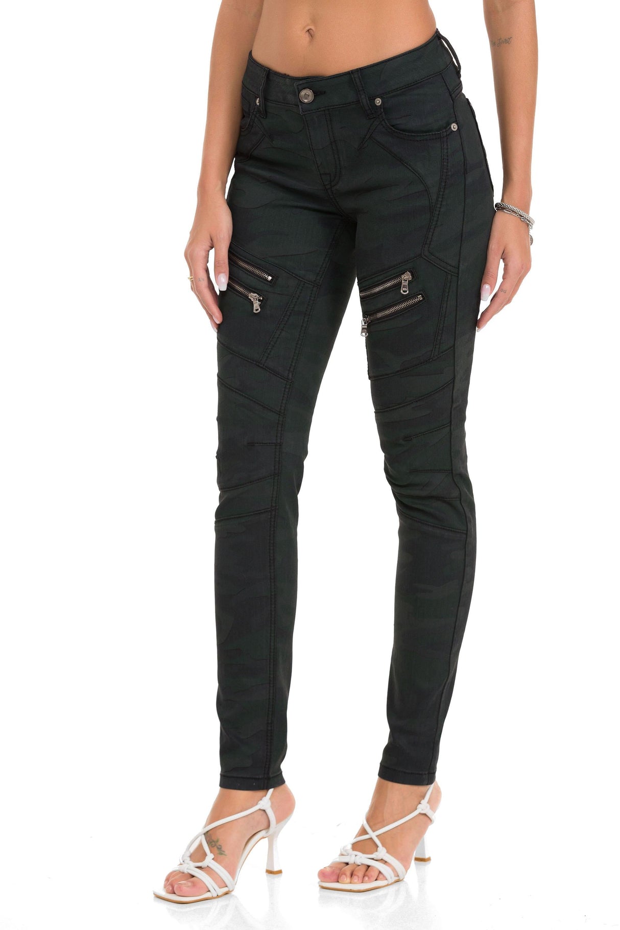 WD501 Jeans Slim-Fit para mujer con cremallera decorativa y logo