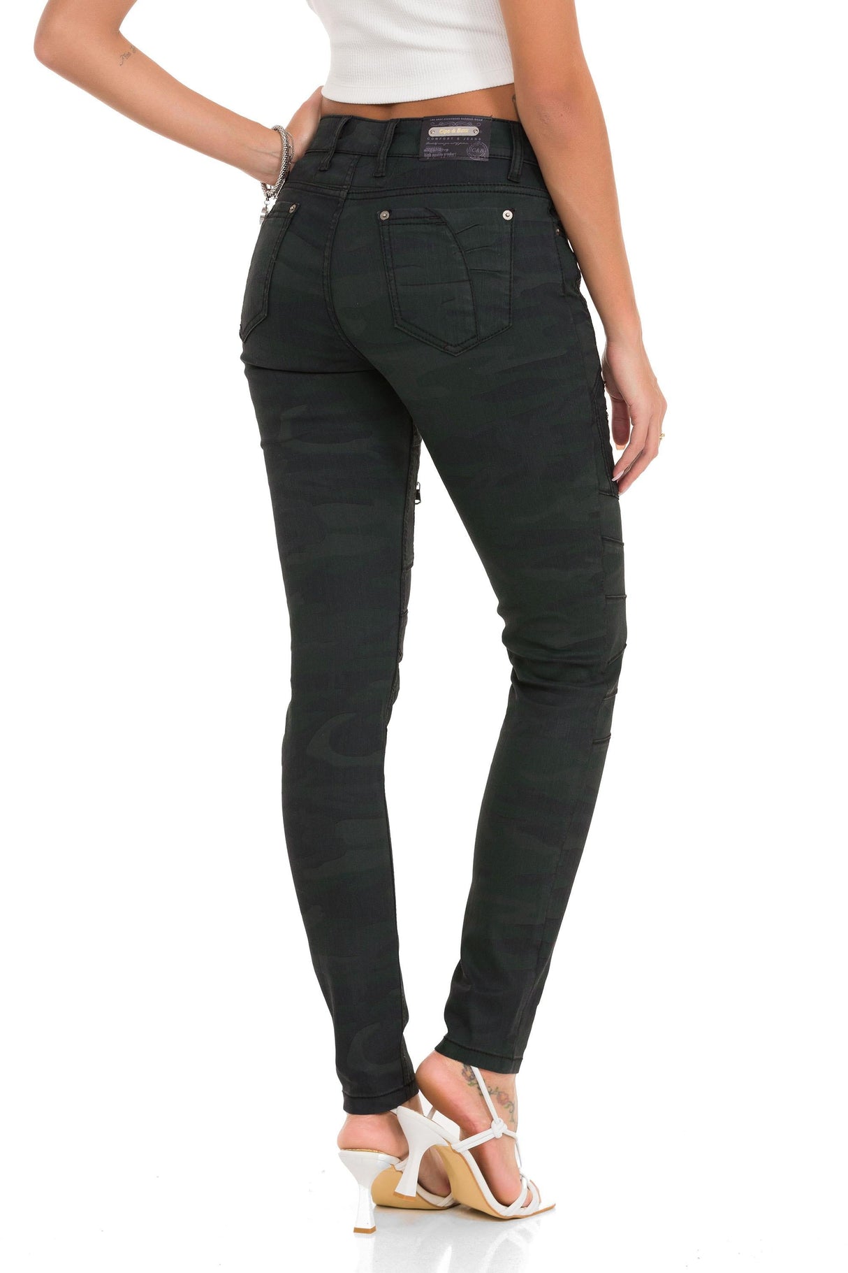 WD501 Jeans Slim-Fit para mujer con cremallera decorativa y logo