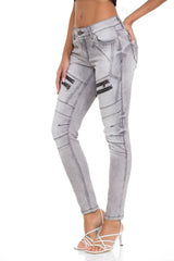 WD501 Jeans Slim-Fit para mujer con cremallera decorativa y logo