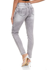 WD501 Jeans Slim-Fit para mujer con cremallera decorativa y logo