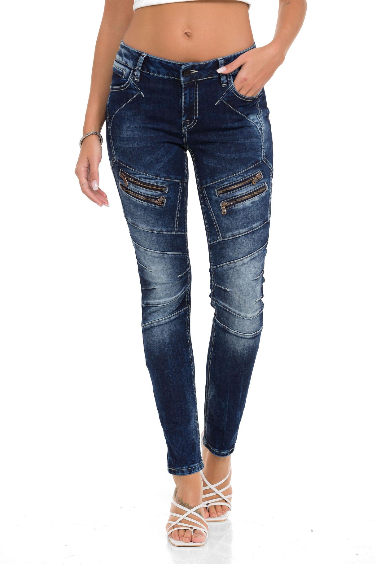 WD501 Femmes Jeans Slim-Fit avec Zipper décoratif et logo de marque