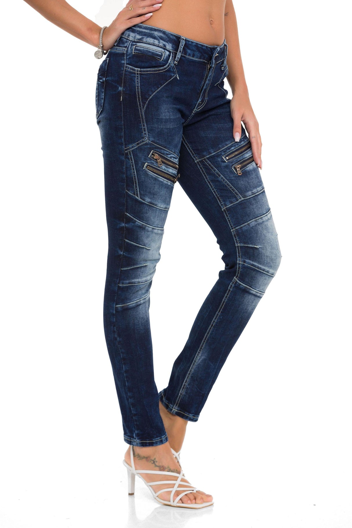 WD501 Jeans Slim-Fit para mujer con cremallera decorativa y logo