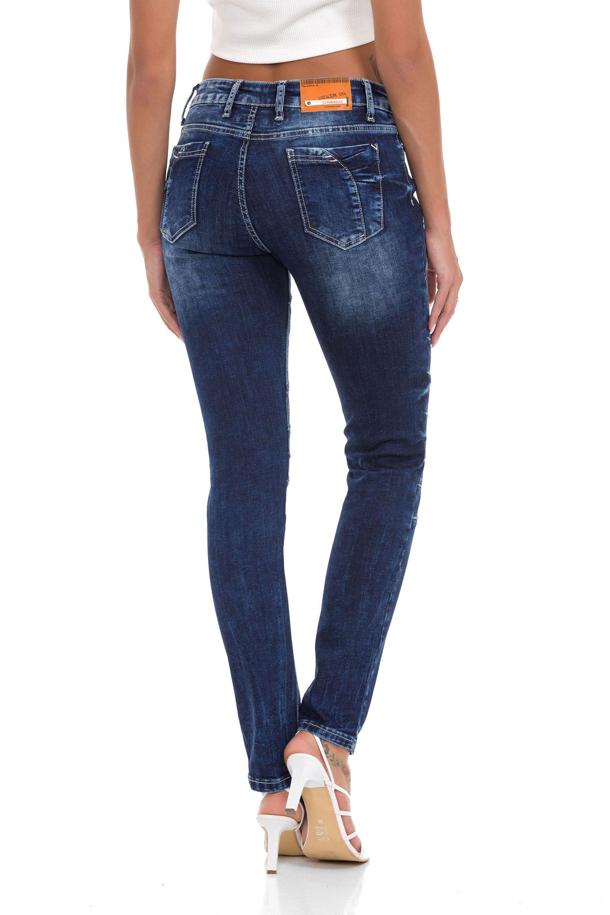 WD501 Jeans Slim-Fit para mujer con cremallera decorativa y logo