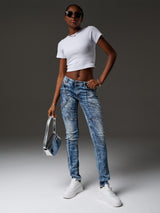 WD539 jeansy damskie z przeszyciami