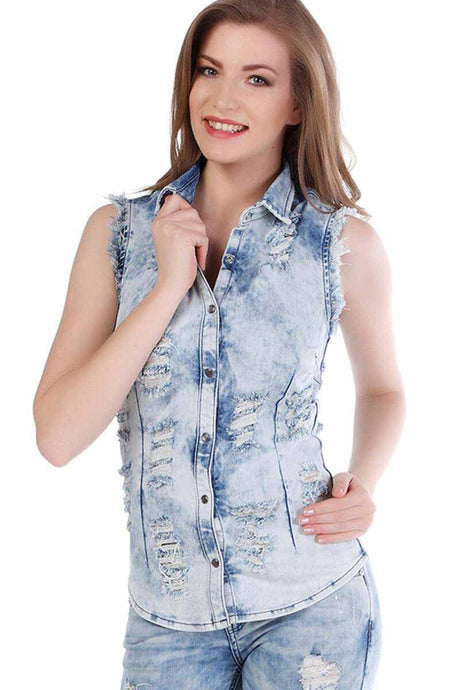 WH103 Chemise en jean pour femme avec détails used décontractés