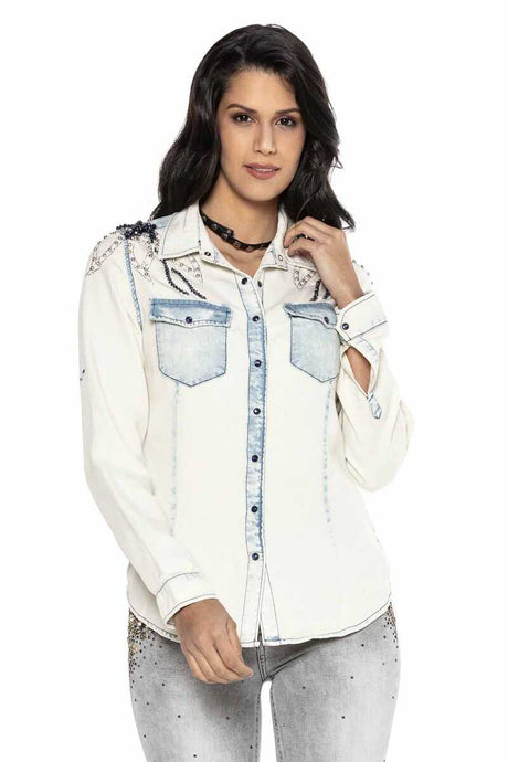 WH115 camicia di denim da donna con fantastici dettagli decorativi