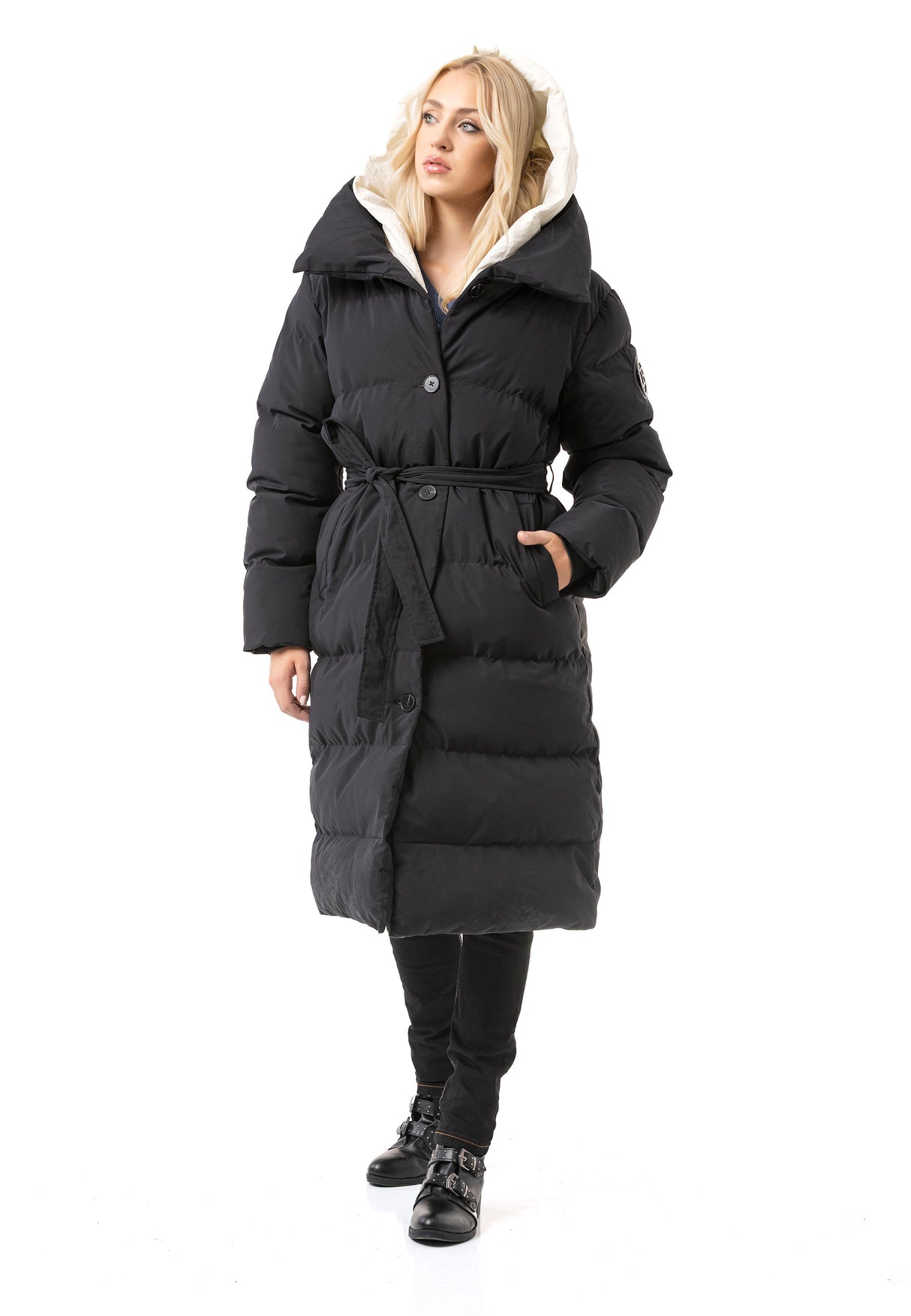 WM145 Dames winterjas met riem en capuchon