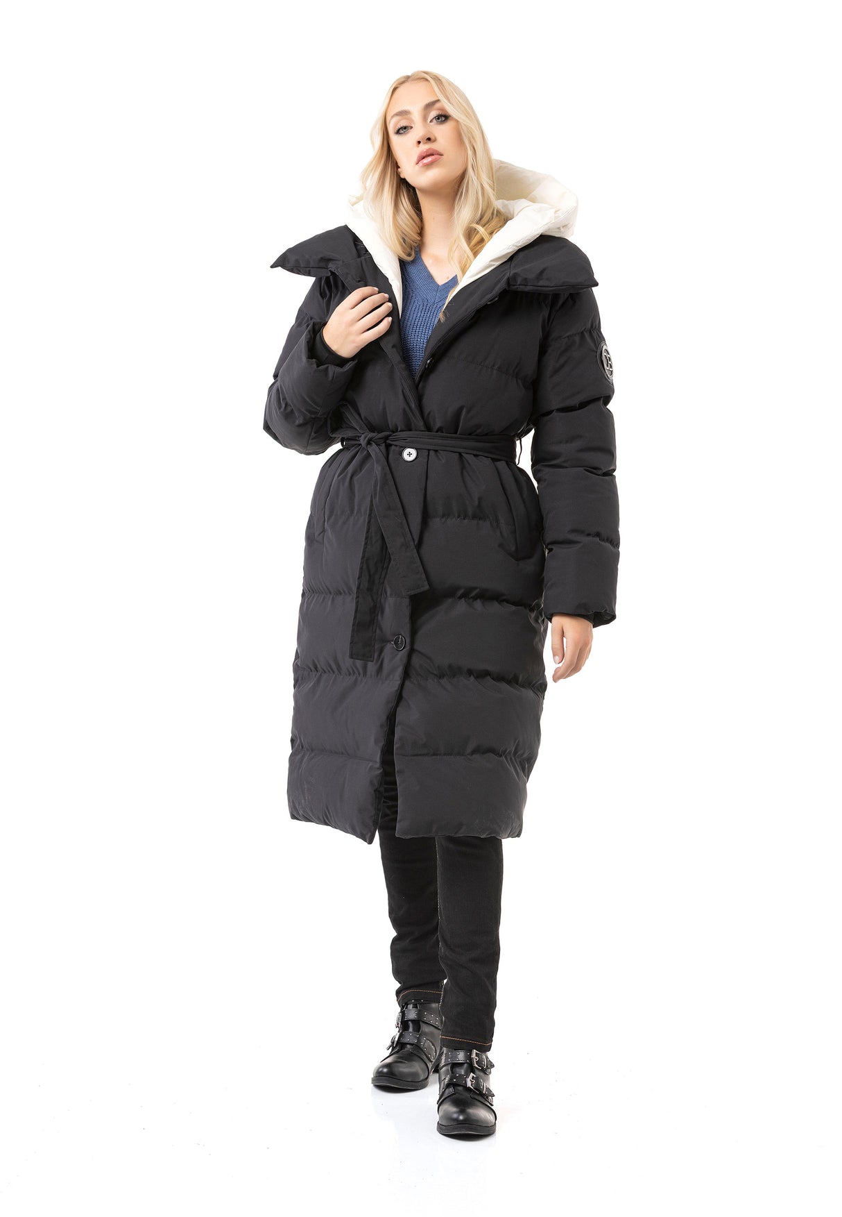 WM145 Dames winterjas met riem en capuchon