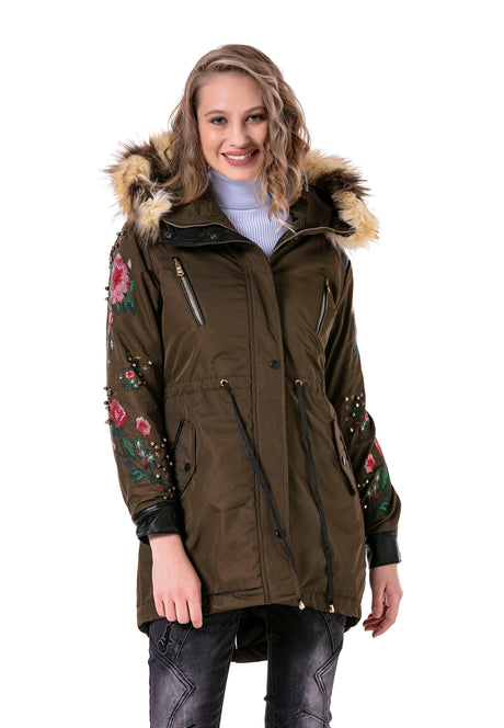 WJ136 women outdoor jacket with stylish synthetic fur hood