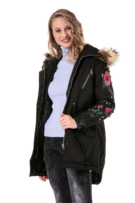 WJ136 women outdoor jacket with stylish synthetic fur hood