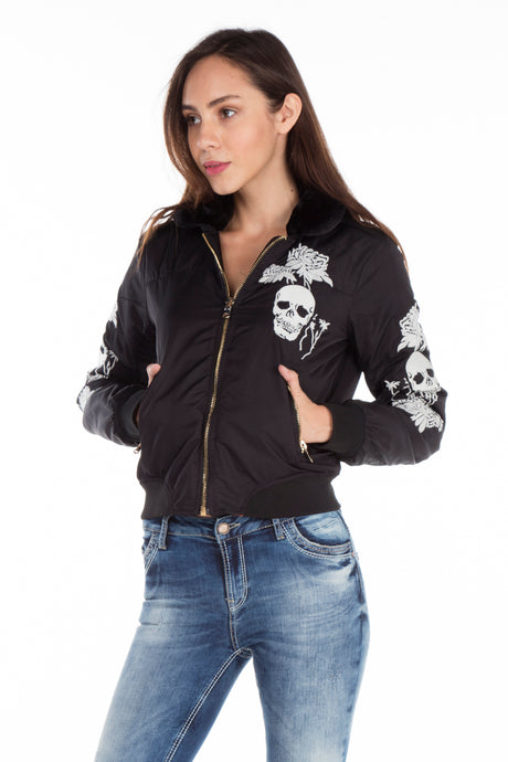 WJ137 women outdoor jacket with fur collar and embroidery