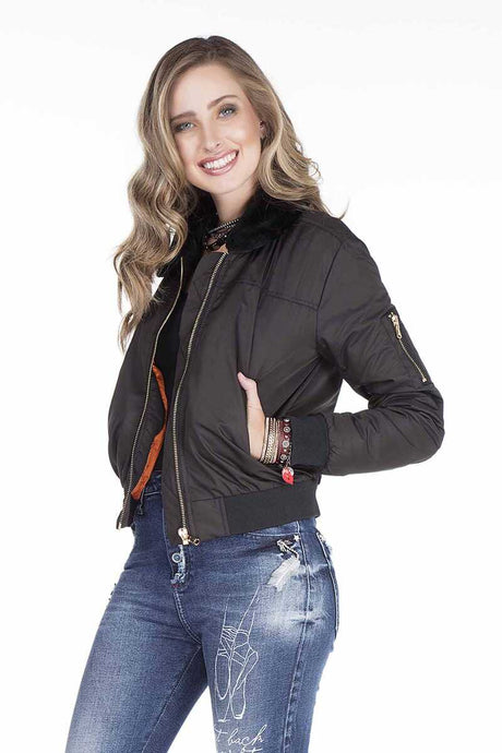 WJ141 women's bomber jacket with removable fur collar