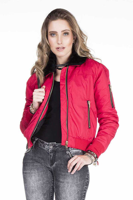 WJ141 women's bomber jacket with removable fur collar