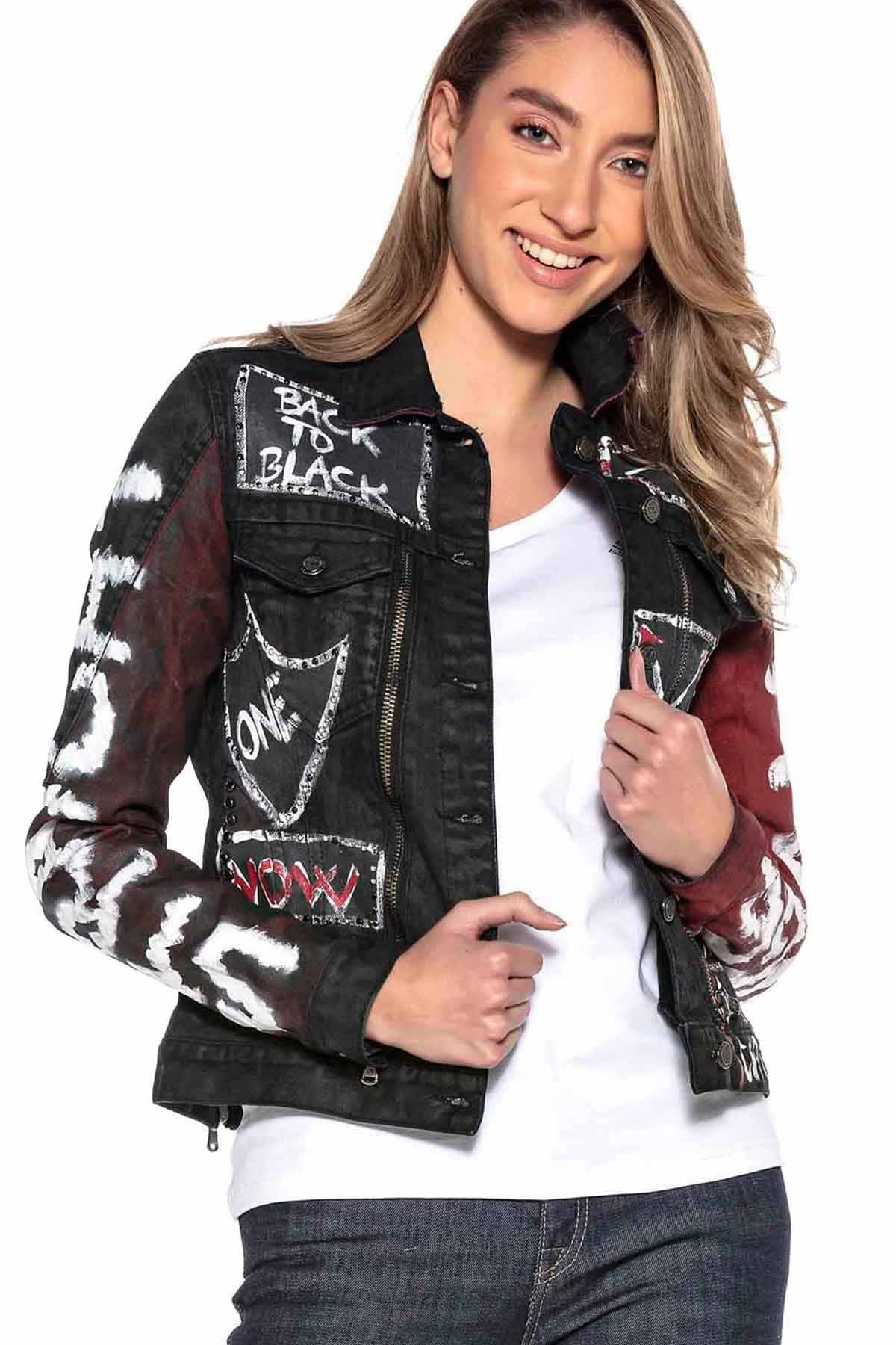 WJ172 damska jeansowa kurtka z kolorowym wzorem