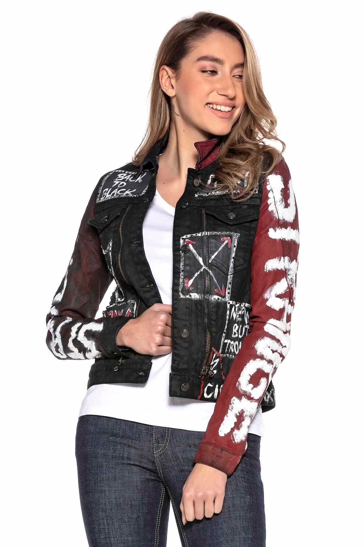 WJ172 damska jeansowa kurtka z kolorowym wzorem