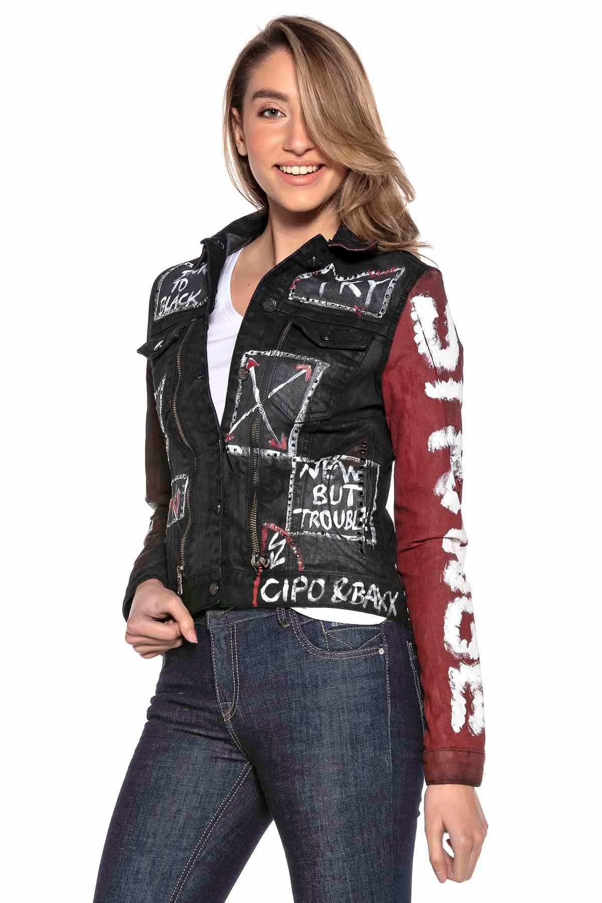 WJ172 damska jeansowa kurtka z kolorowym wzorem