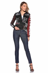 WJ172 damska jeansowa kurtka z kolorowym wzorem