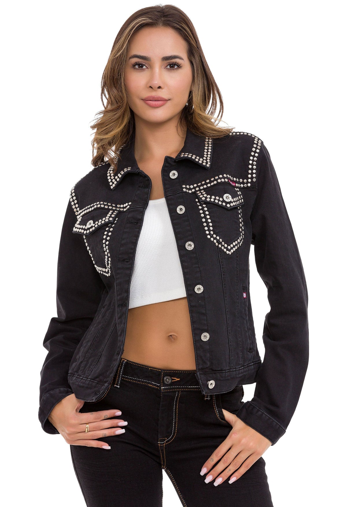 WJ213 Women's denim jacket with a rivet trim unusual denim leisure jacket