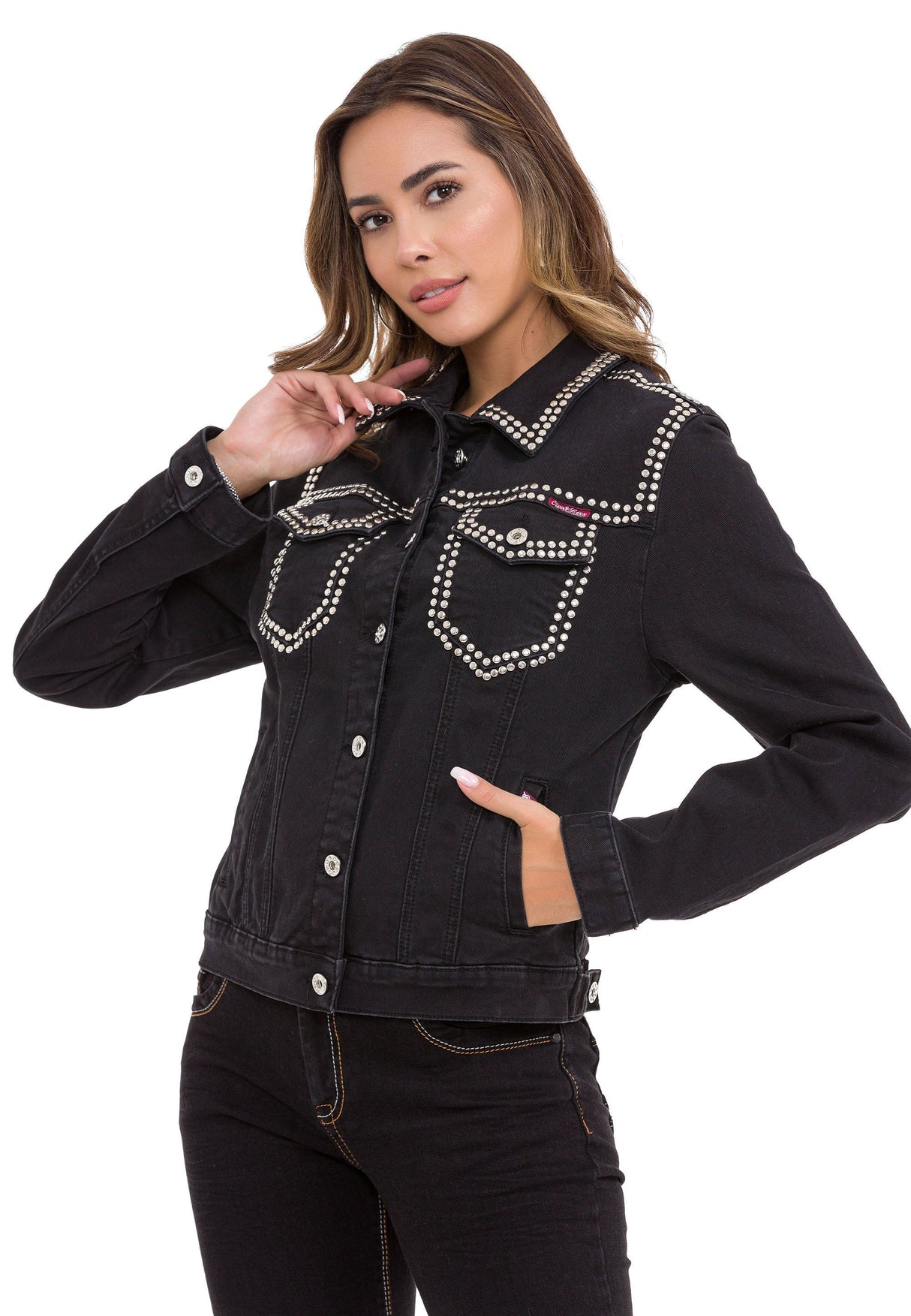 WJ213 Women's denim jacket with a rivet trim unusual denim leisure jacket