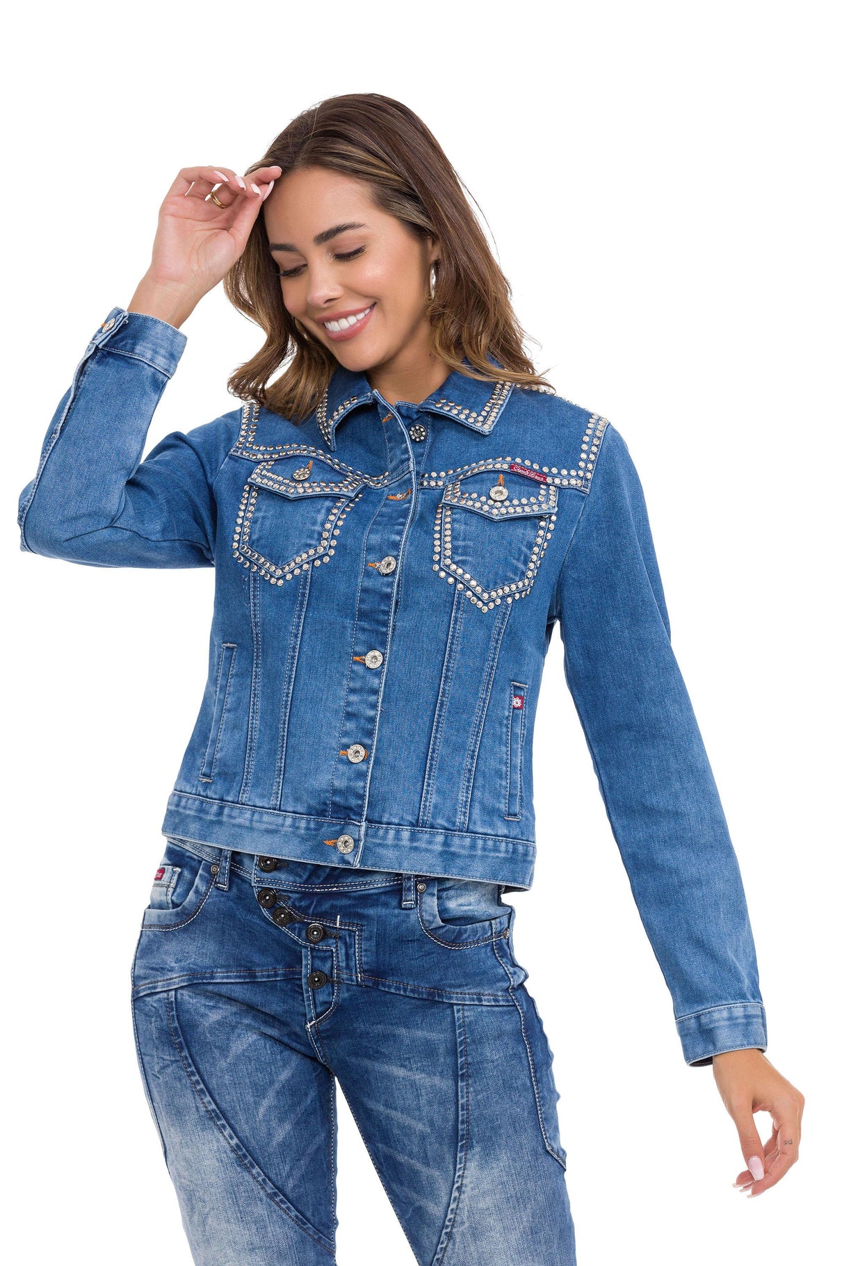 WJ213 Women's denim jacket with a rivet trim unusual denim leisure jacket