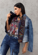 WJ228 Women Denim Jacket with Detailed Ethnic Pattern