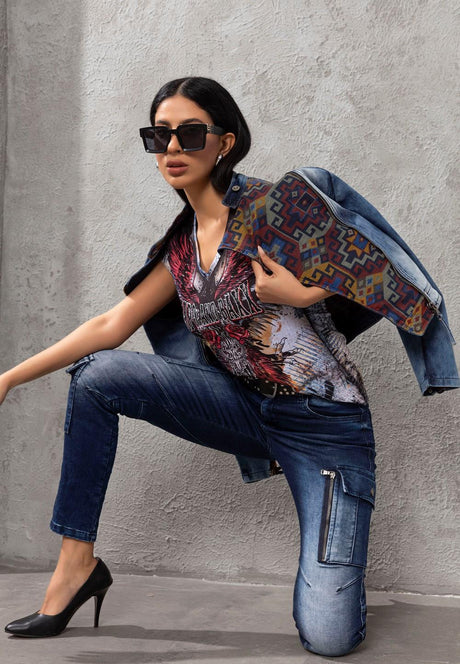 WJ228 Women Denim Jacket with Detailed Ethnic Pattern