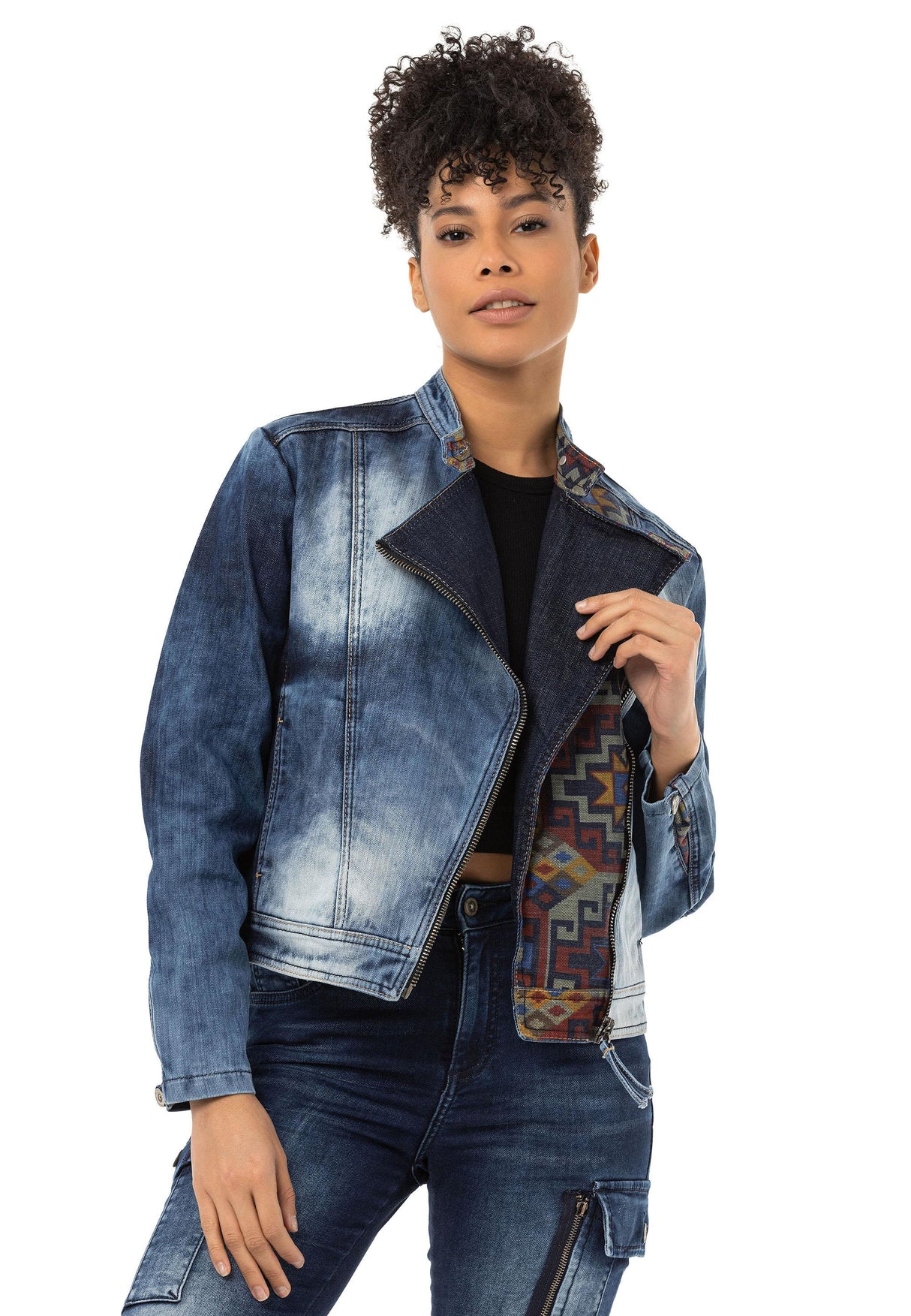 WJ228 Women Denim Jacket with Detailed Ethnic Pattern