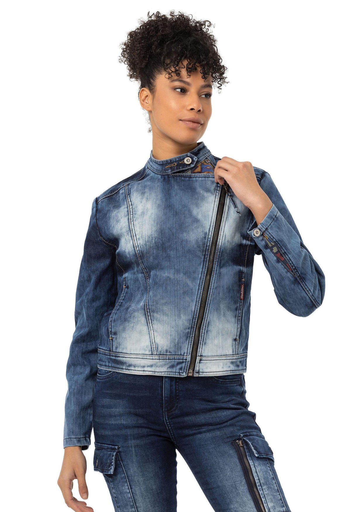 WJ228 Women Denim Jacket with Detailed Ethnic Pattern